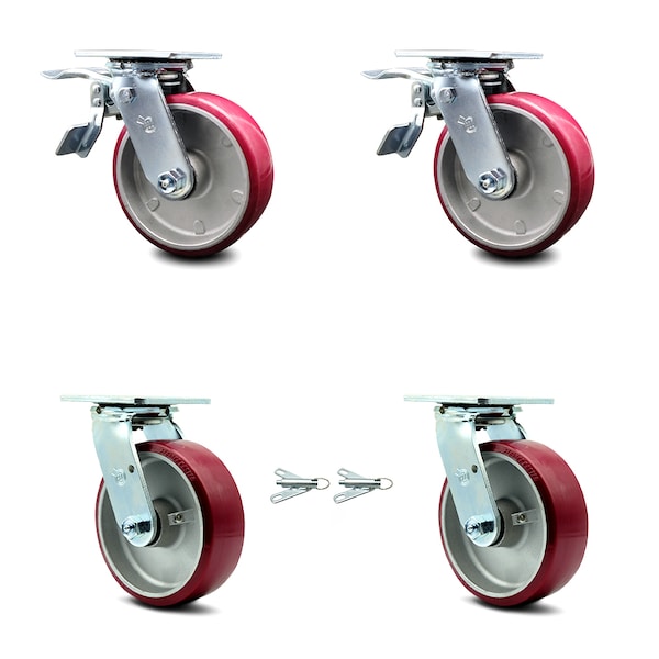 6 Inch Poly on Aluminum Caster Set with Roller Bearing 2 Brake 2 Swivel Lock SCC